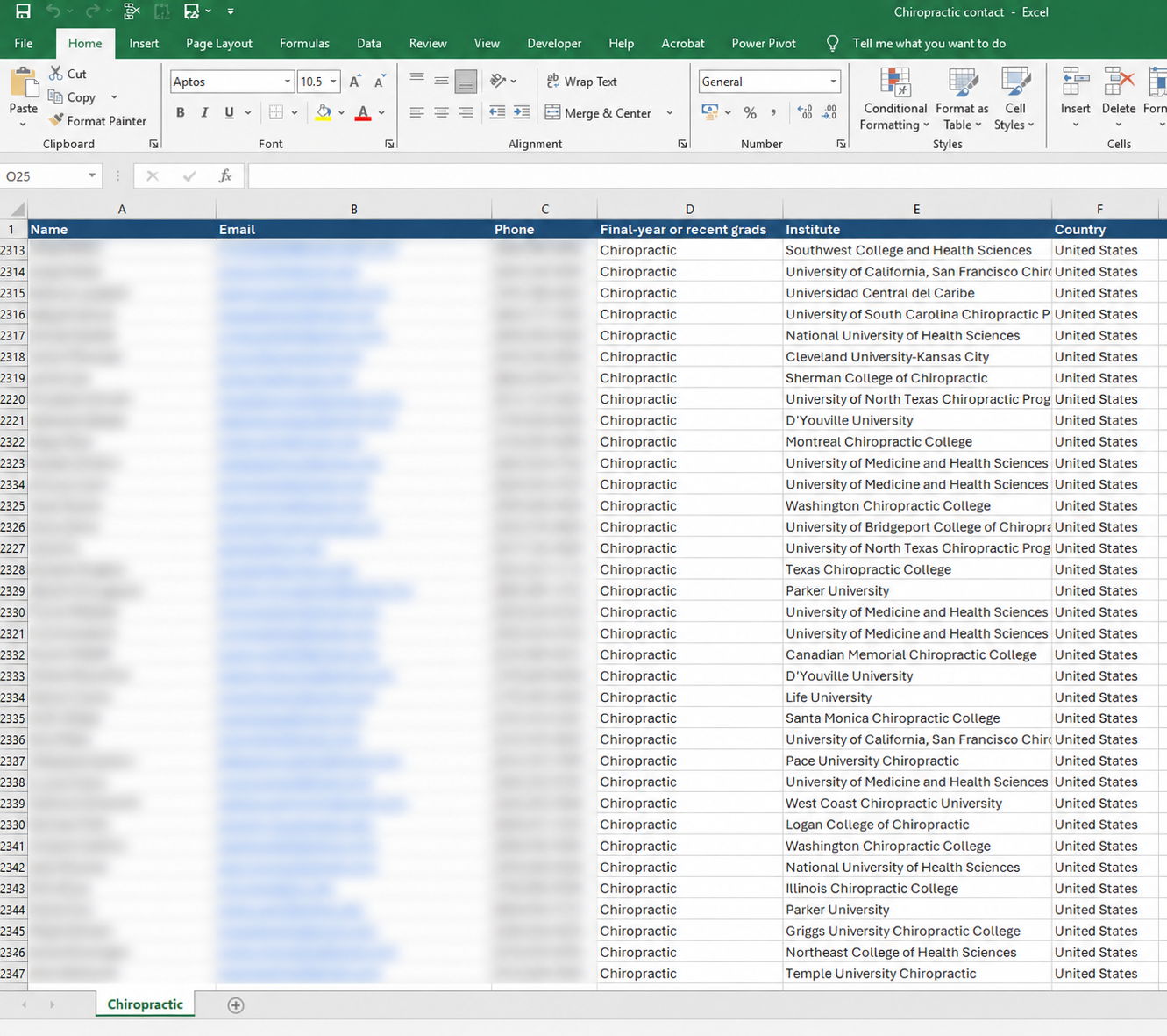 Chiropractic contact list spreadsheet with names, email addresses and phone numbers blurred