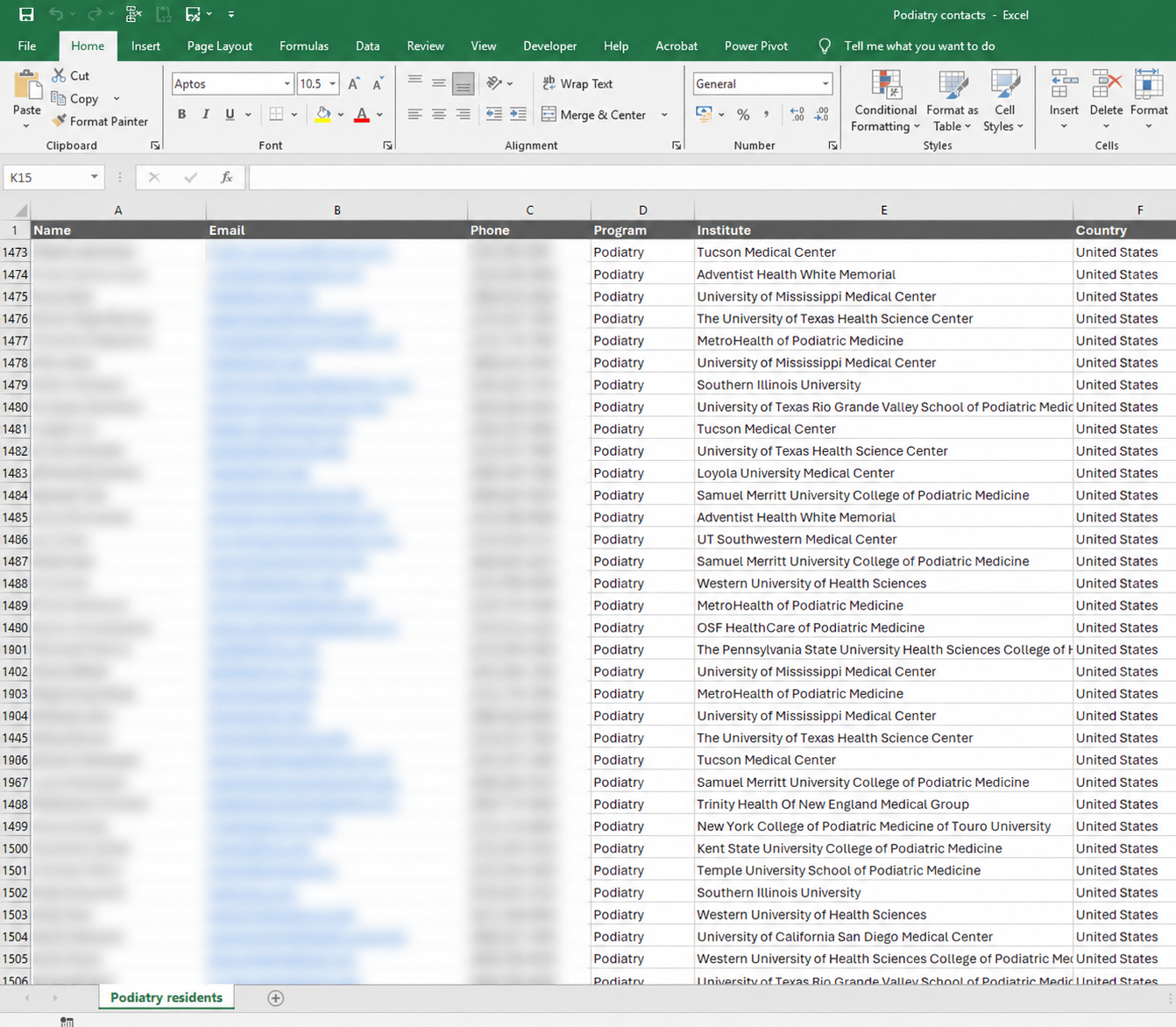 Podiatry contact list, view 1 spreadsheet with names, email addresses and phone numbers blurred