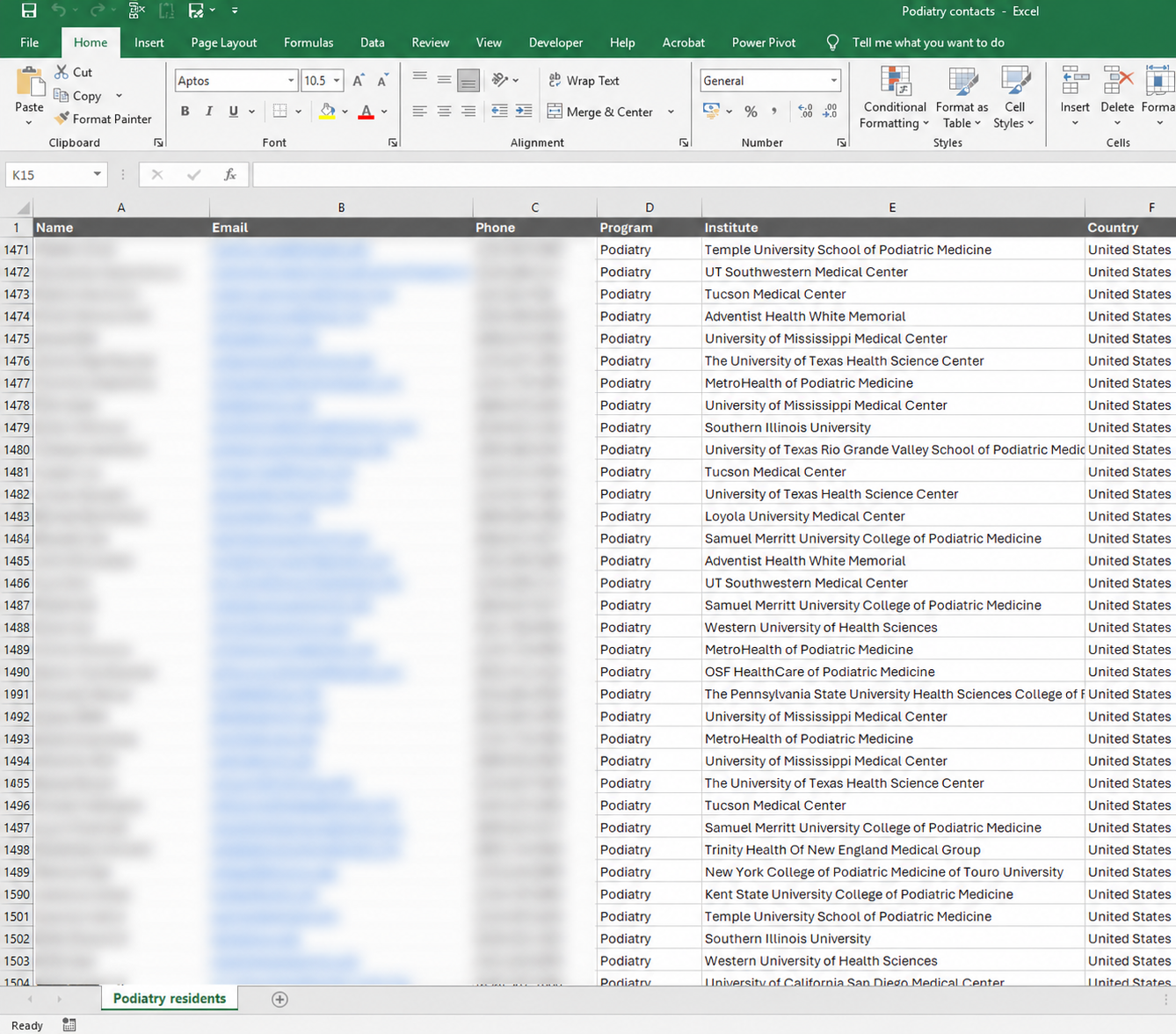 Podiatry contact list, view 2 spreadsheet with names, email addresses and phone numbers blurred